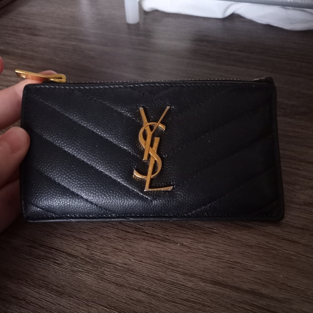 AUTHENTIC YSL Cassandre Matelasse zipped fragments card case Embossed leather